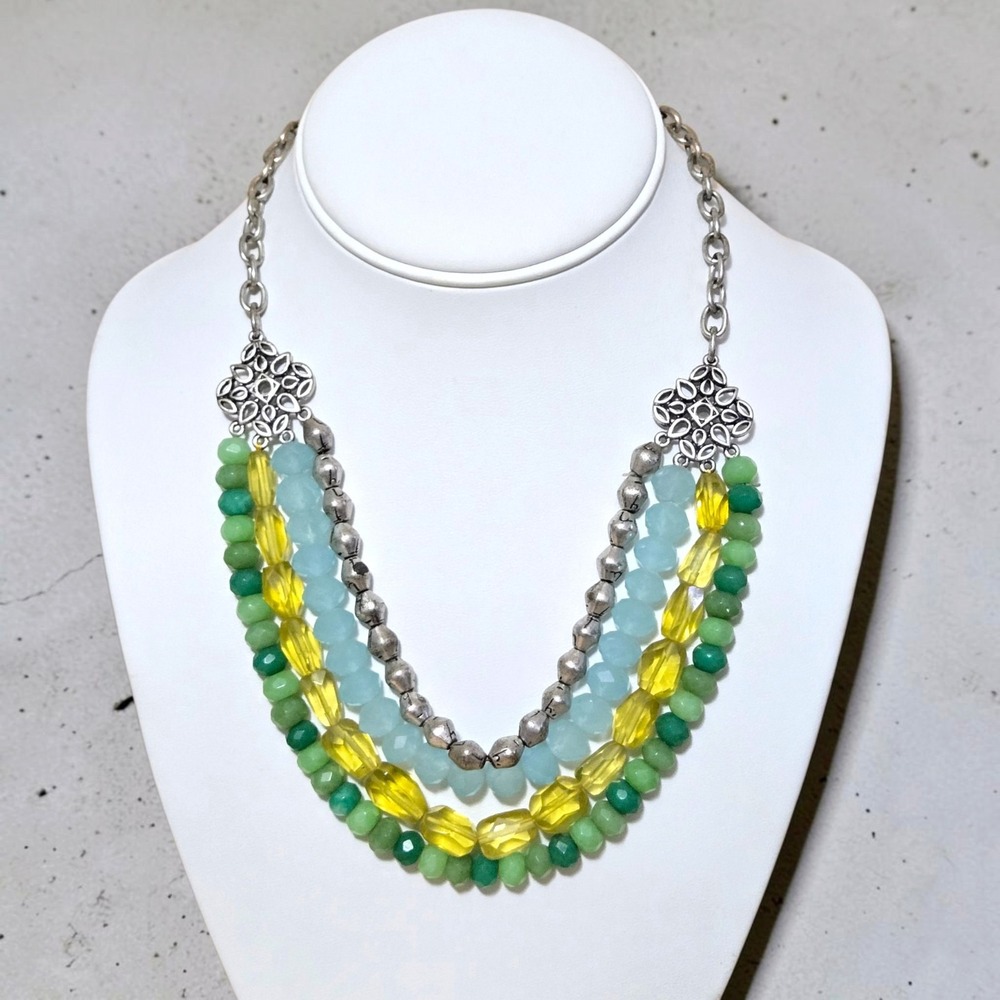 Lucky Brand Chunky Necklace Multi Strand Green Yellow Gem Stones Silver Tone 18"